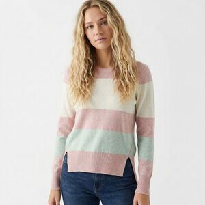 OST Striped Cotton Cashmere Sweater Top Medium Pink Cream Gray Split Hem